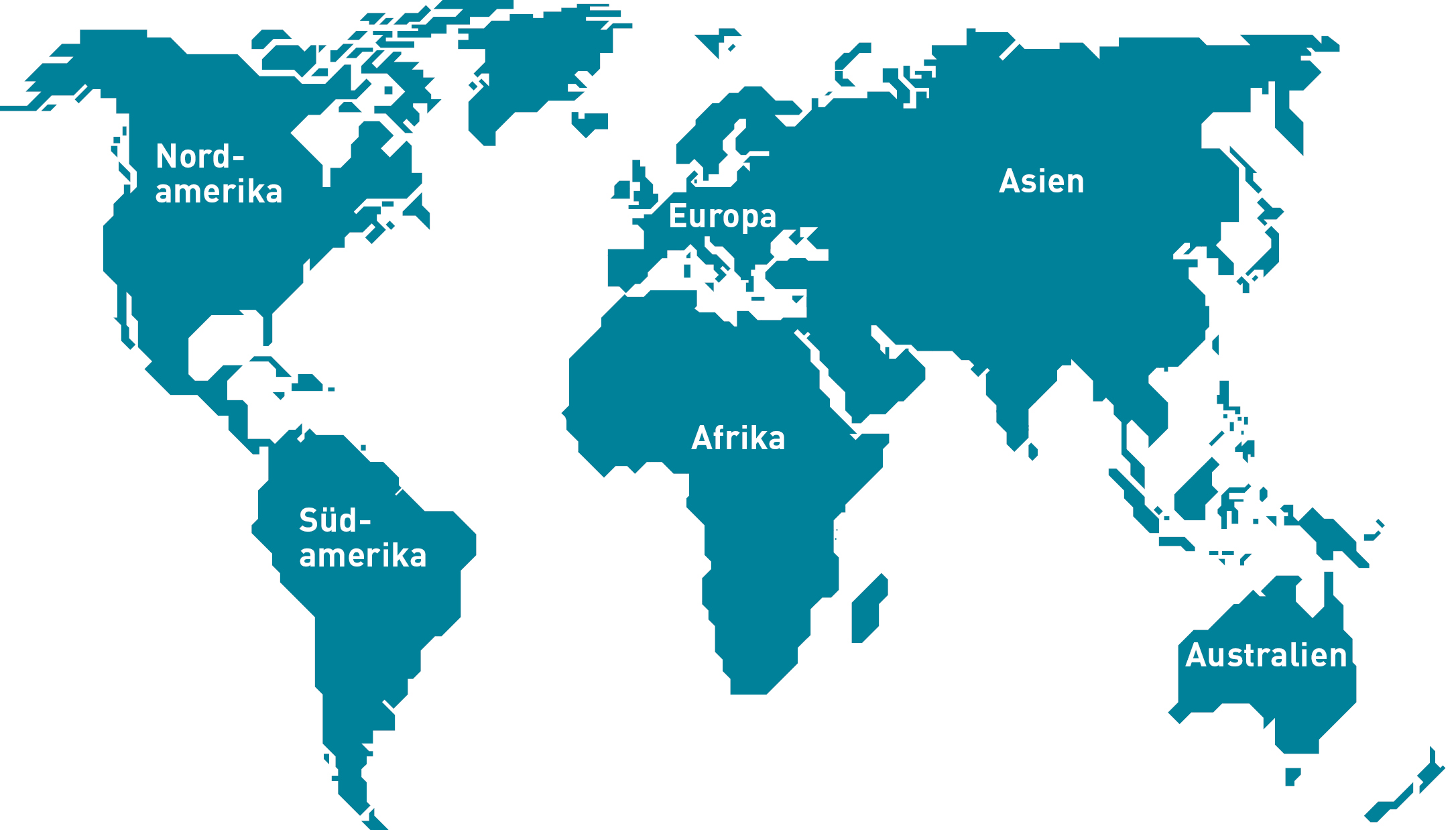 Vergrösserte Ansicht: Weltkarte mit türkisen Kontinenten auf weissem Grund