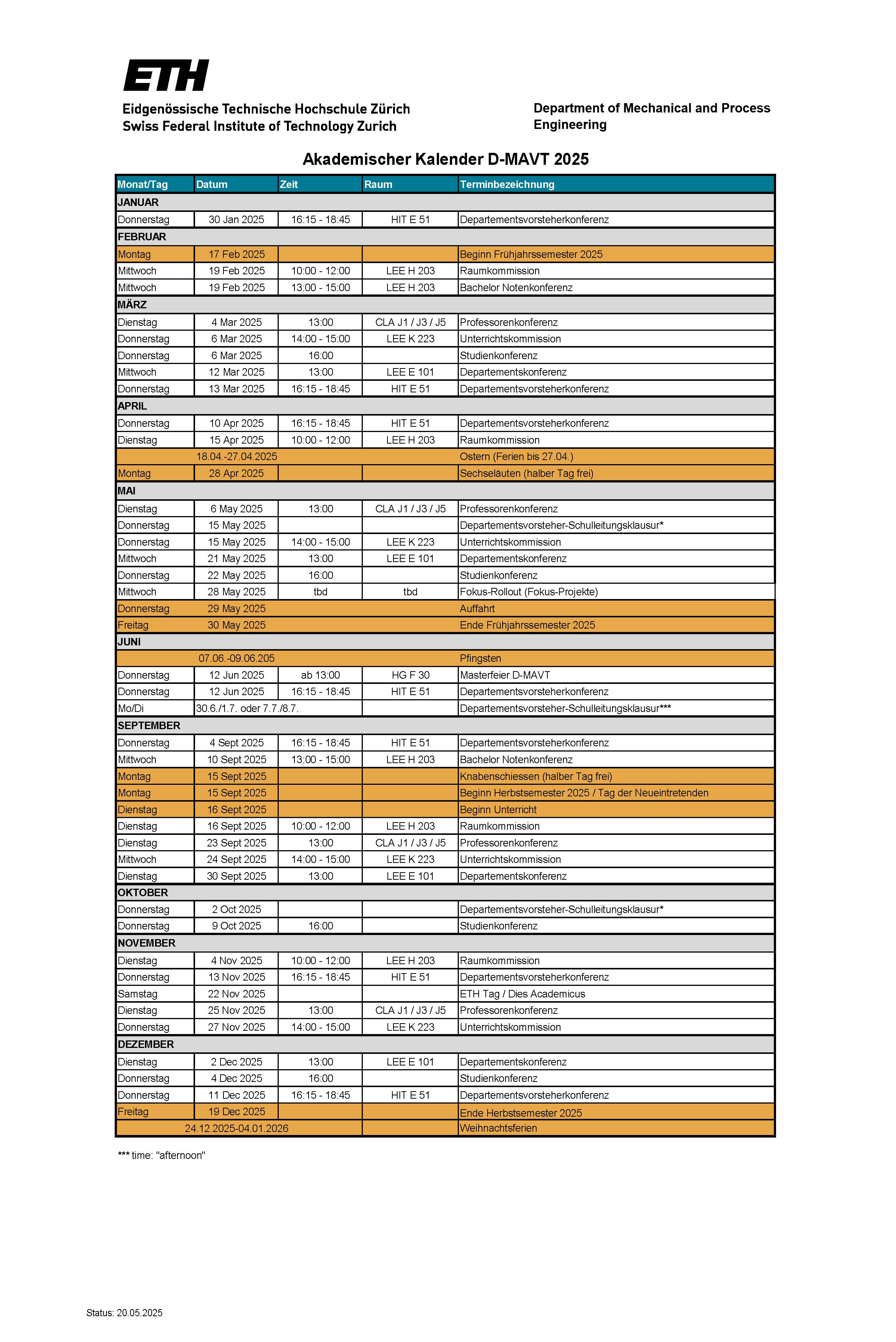 Event dates of the D-MAVT department for 2025