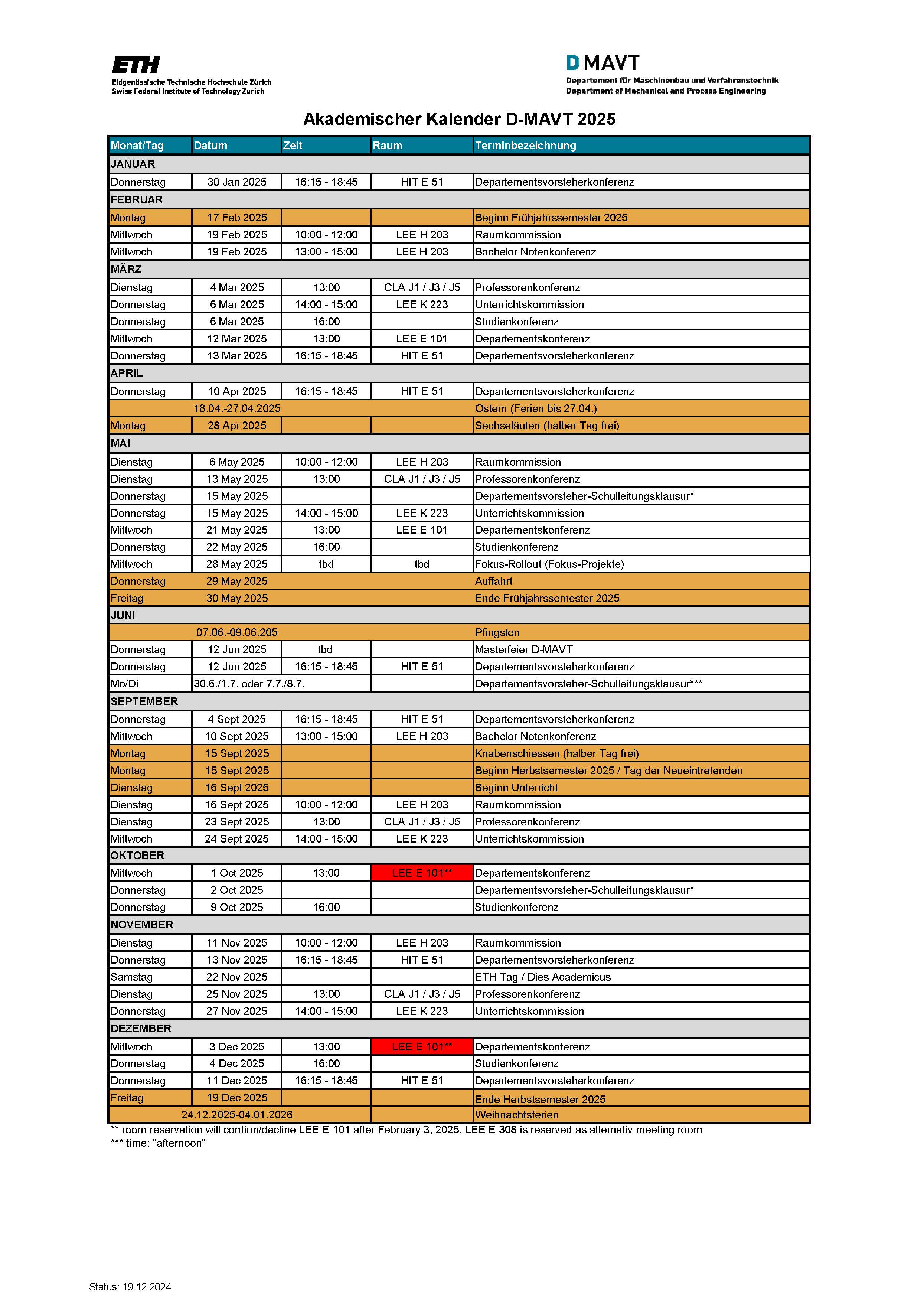 Event dates of the department for 2024