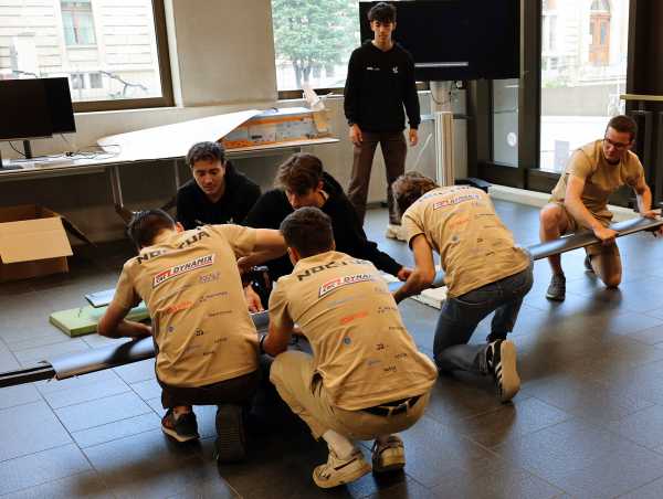 Enlarged view: Students assemble the wings of the NOCTUA drone