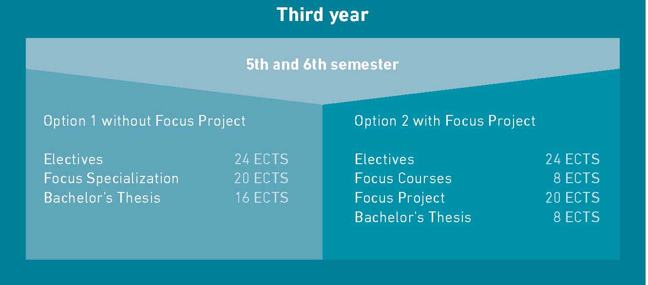 Curriculum overview of the 3rd year with the following information: Option 1 without Focus Project = Electives 24 ECTS, Focus Specialization 20 ECTS, Bachelor's Thesis 16 ECTS. Option 2 with Focus Project = Electives 24 ECTS, Focus Courses 8 ECTS, Focus Project 20 ECTS, Bachelor's thesis 8 ECTS